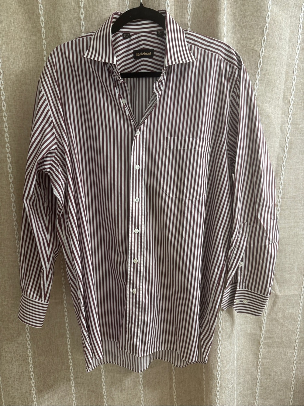 Paul Stuart Men's Burgundy and White Striped Dress Shirt